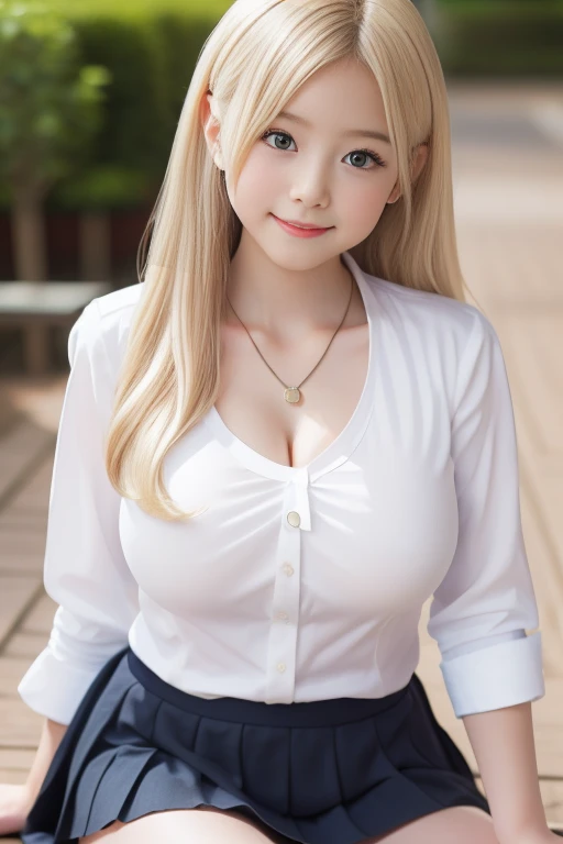 masterpiece, Highest quality, 8k, Two young and beautiful, Baby Face、着衣Big Breasts、((((超Big Breasts))))((((((Blonde)))))),((Large Breasts:1.3)), photo shoot, Cute Face, Thighs,、smile, 10 generations, Detailed face, Background Blur、Long Hair、、Big Breasts、Cleavage、Tight waist,(((((Cleavage))))mini skirt((White collared shirt))mini skirt、Navy Pleated Skirt、high school girl、necklace