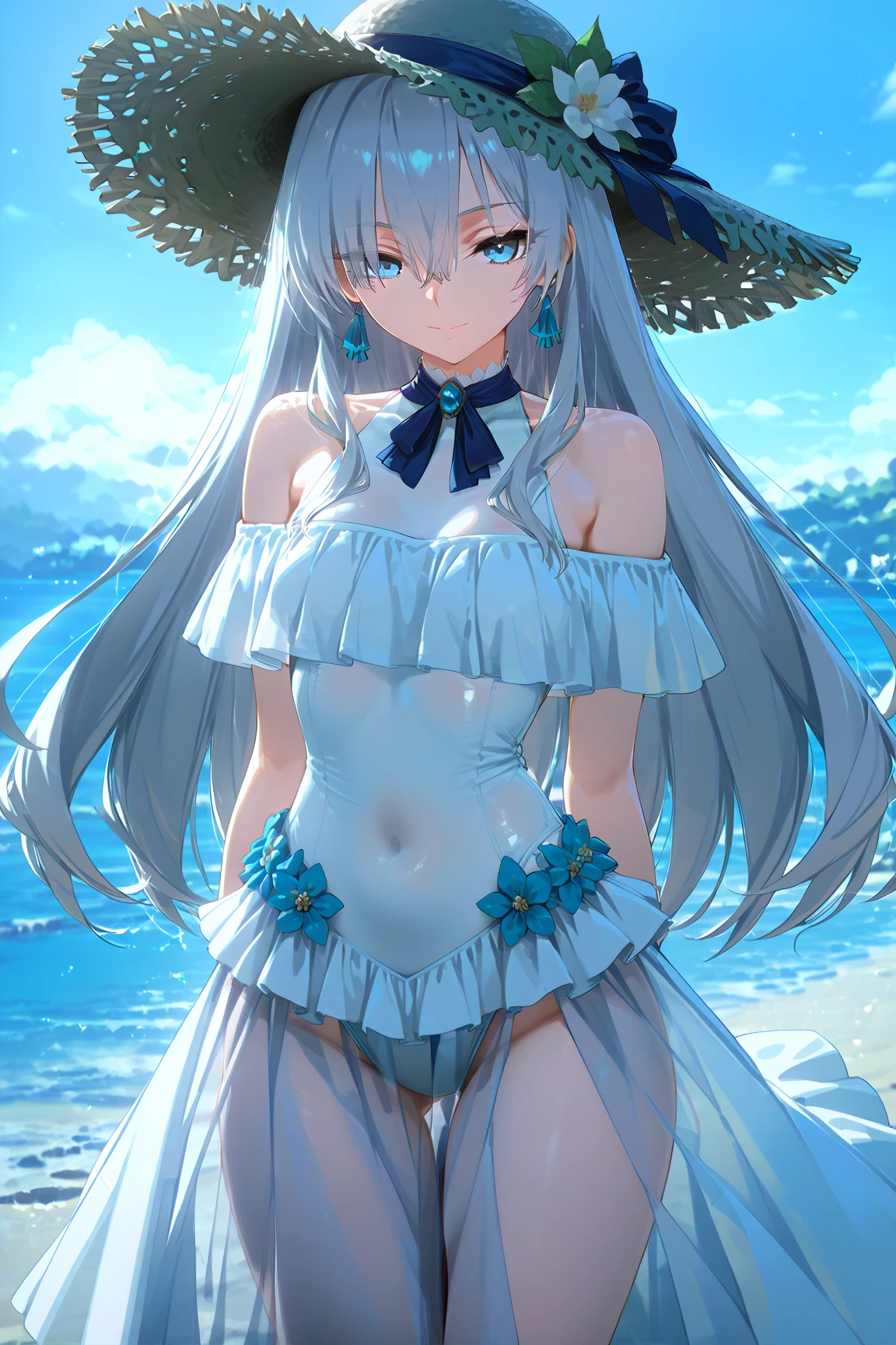 White off-the-shoulder bikini on the beach in Palau(Bikini without shoulder straps、No shoulder strap、shoulder out)surreal japanese portrait,Inspired by Antonio Lopez's technique, close the zipper, Ron Mueck, Richard Estes, and Marilyn Minter、Purple and blue gradation eyes wrapped in the mystery of the universe,(string bikini:1.2)、perfect lighting, (perfect hands, perfect anatomy)、whole body(1:2)、the wind is strong、outstanding style