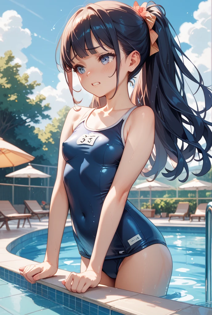 high quality、最high quality、Ultra-high resolution、Slender beauty、All white swimsuit、Embarrassed look、Droopy eyes、Poolside