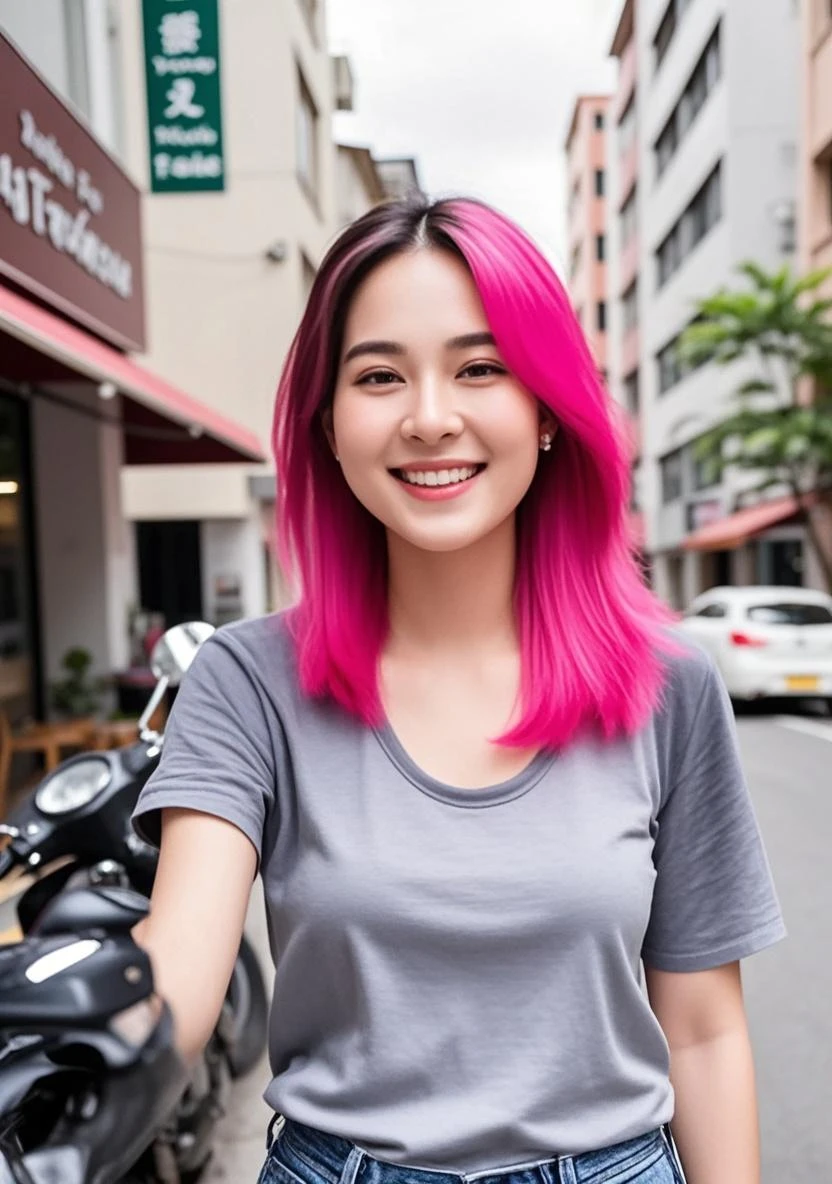 beautiful woman, japanese actress, look at us and smile, Upper body, 信じられないほど詳細なface, 信じられないほど詳細なbeautiful目, ,(beautiful),(Feminine characteristics), (18-year-old:1.4), alone, 1 female, (attractive punk girl), blue eyes,face、(laughter:1.5),(facing the front:1.2),(dark clothes), (band t-shirt), (low rise panties) ,lying on the bed,(put your hand on your crotch),(bsdm), pink hairのミディアムヘア, (pink hair), ear hair, , single blade, (single blade), (side blade) ,table top, high quality, 最high quality, very detailed, Extremely detailed, 4k, bold sexy pose,Digital single-lens reflex camera,(8K quality,table top,最high quality,Ultra high resolution output image,),intricate details,(High-definition raw photos:1.3),(Image mode Ultra HD),squat
