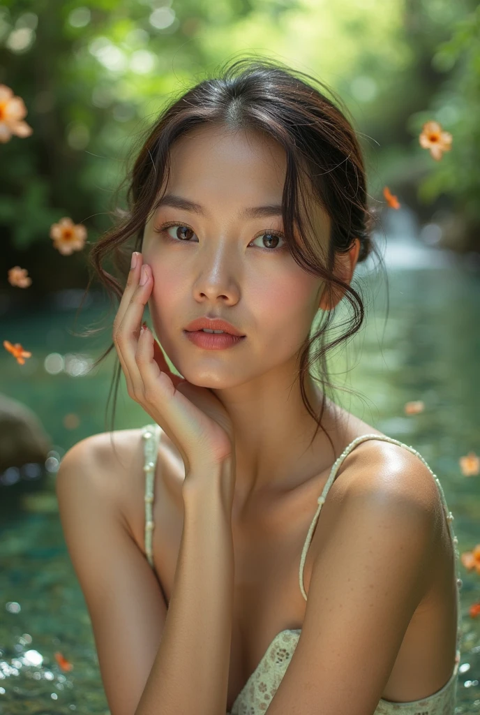 Fashion model 20 years old [[[[closeup cleavage]]]], [[[[boobgasm]]]], [[[[coll]]]], [[[[bshoulders]]]], perfect  eyes, Perfect iris，Perfect lips，perfect teeth，Perfect skin，with fair skin，Long face，slender nose，Soft front light，hdr，Movie girl，Casual，The background is outdoor，Flowers and greenery，（pastel colour：1.2）
