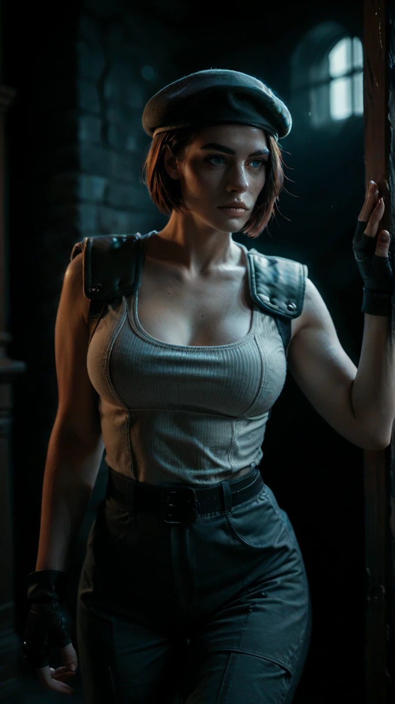 Crie uma imagem com Leon kennedy (resident evil 4 remake) ao lado de uma mulher jovem como ele, She has red hair, fair skin and green eyes with some freckles on her face and the scene behind her has to be a scene similar to that of Resident Evil 4 remake