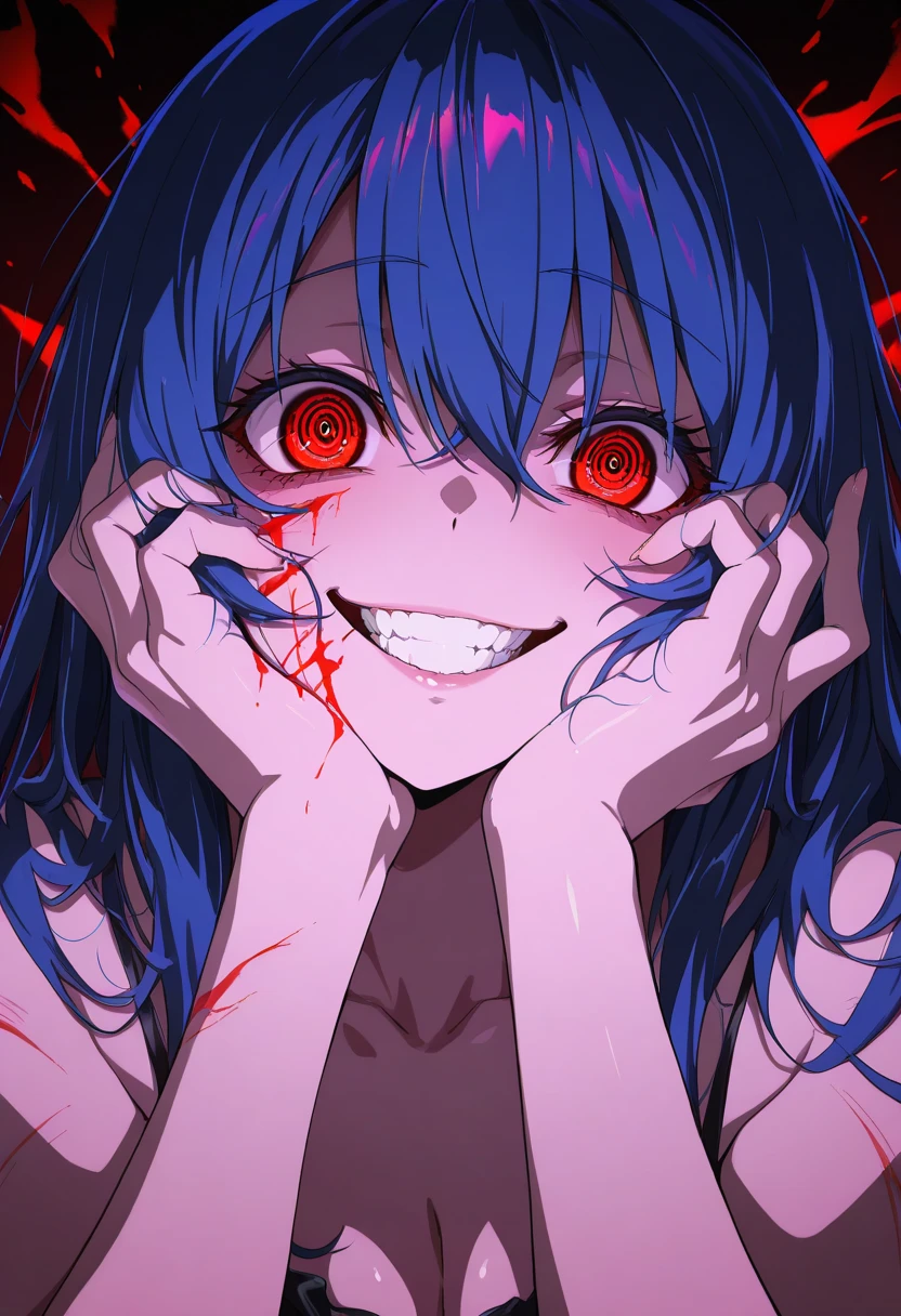 i am living in a hell , blue themed , dark theme , hell girl , scars ,blood, big boobs , constricted pupils, small pupils, laughing 