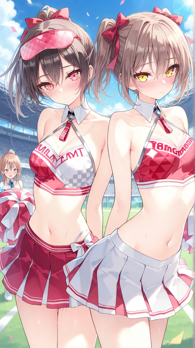 Rosaria from Genshin impact game, 1woman, as a cheerleader , wearing cheerleading outfit, at a playground, dark red short hair, pale skin, 8k, high detailed, high quality, full body