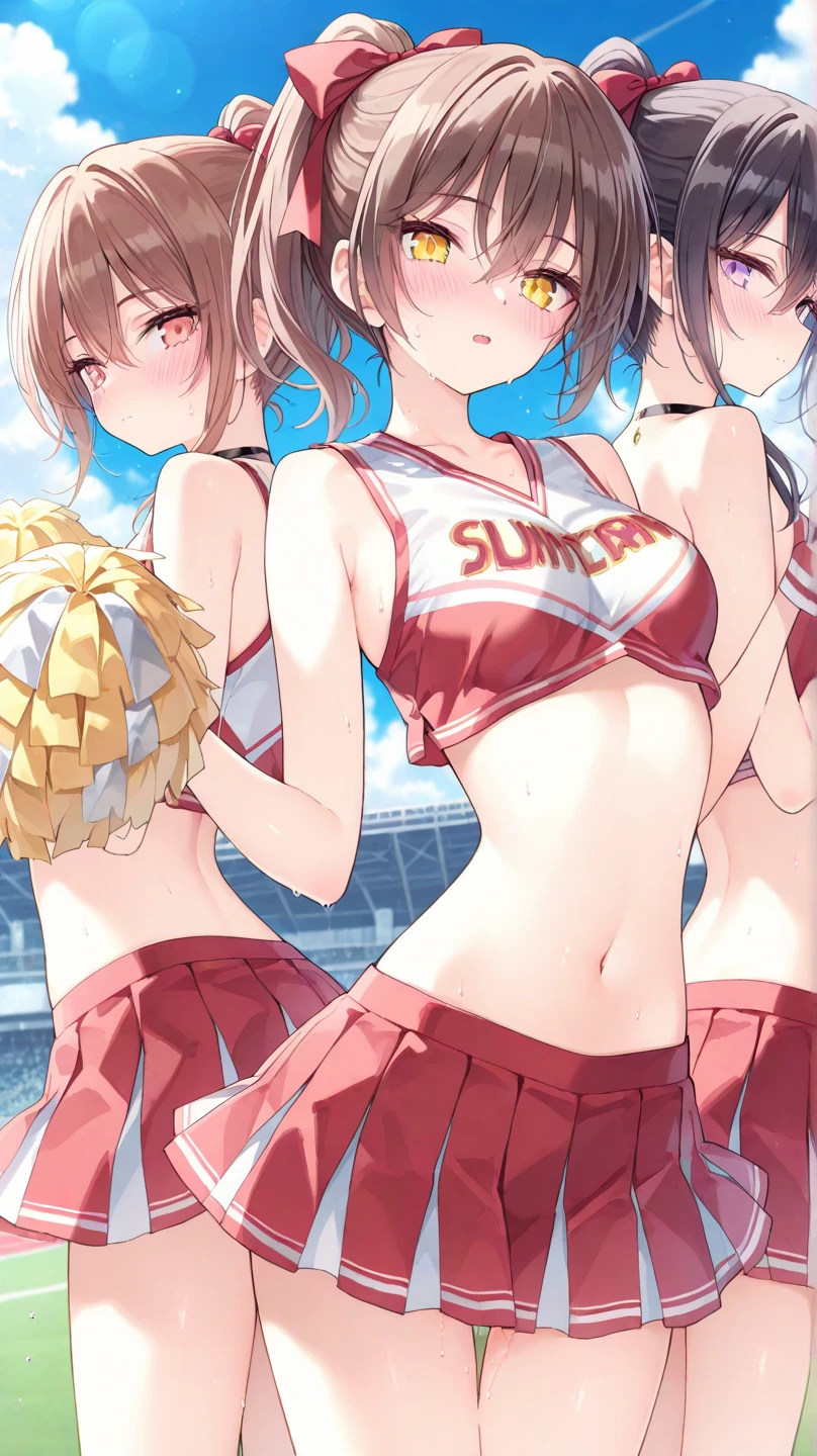 (Two cheergirls in orange clothes flared skirts) Top Quality Slender waist Big breasts (Perfectly proportioned hands, 1 thumb, 4 fingers) (Light brown hair, wavy semi-short) Slim abdomen Navel out Adult woman Realistic skin (Beautiful shiny light blue eyes) Beautiful face Beautiful legs Smile Jumping cheergirl Sunny sky stadium Blue sky Pom-poms in both hands