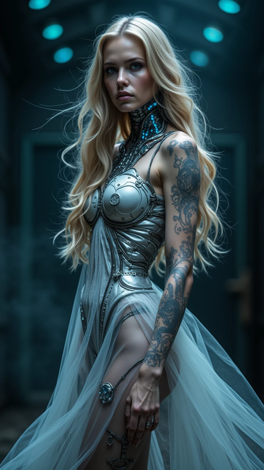 (Best quality, Ultra-detailed, photo-realistic:1.37), Portrait, Female, Beautifully detailed face, Long eyelashes, captivatinggaze, Perfect lips, Radiant complexion, Stunning figure, Korean underwear, Black Thigh-High Stockings, High heels with stiletto heels, tattooed body, Wearing a collar, Dance in vibrant clubs, incredibily detailed, surrealism, Soft lighting, Vibrant colors