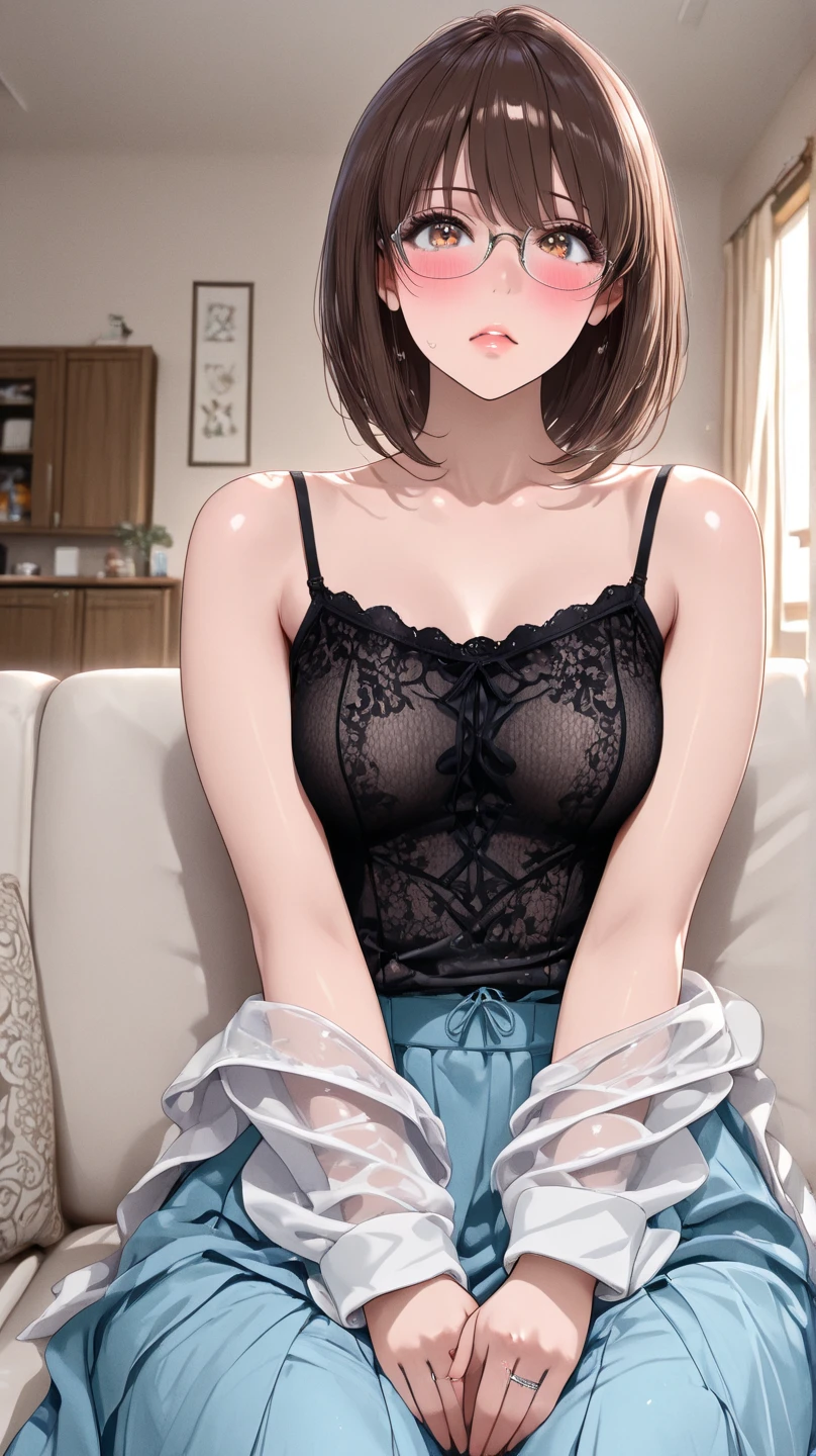 Girl, brown hair, short hair, blue eyes, huge breasts, makeup, Red Lipstick