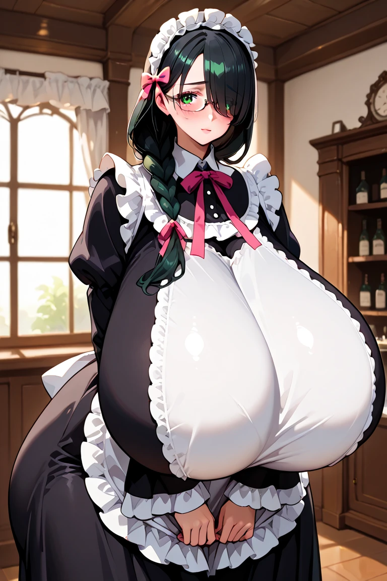 One woman, braided pigtails, huge breasts, (huge breasts: 1.8), glasses, blue eyes, green hair, cute anime face, noise reduction, maid, Japanese style maid, black leotard, full body portrait, digging leotard, Liu Erdao, sandals, blue eyes, black long tights, gentle smile, white kimono, thong digging into buttocks, buttocks emphasis