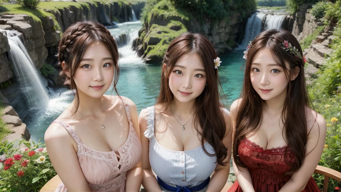 ( 3 girls),smile、Look into the camera、Diamond necklace、heart braid hair Strapless dress, random color:1.2、The material is smooth and flexible.、exposed upper arms、Blue-green striped knee-length socks Extra long twin tail hair、close range shooting、Flower Hair Ornaments、Blindfold、Garter、 Masterpiece, Highest quality, 8ก, beautiful girl, young face、 photography, Cute face, thigh,In the waterfall stream,、รอยsmile、 blue eyes(((The chest is erect.:1.0)))(((round chest:1.5)))(((big breasts:1.5)))