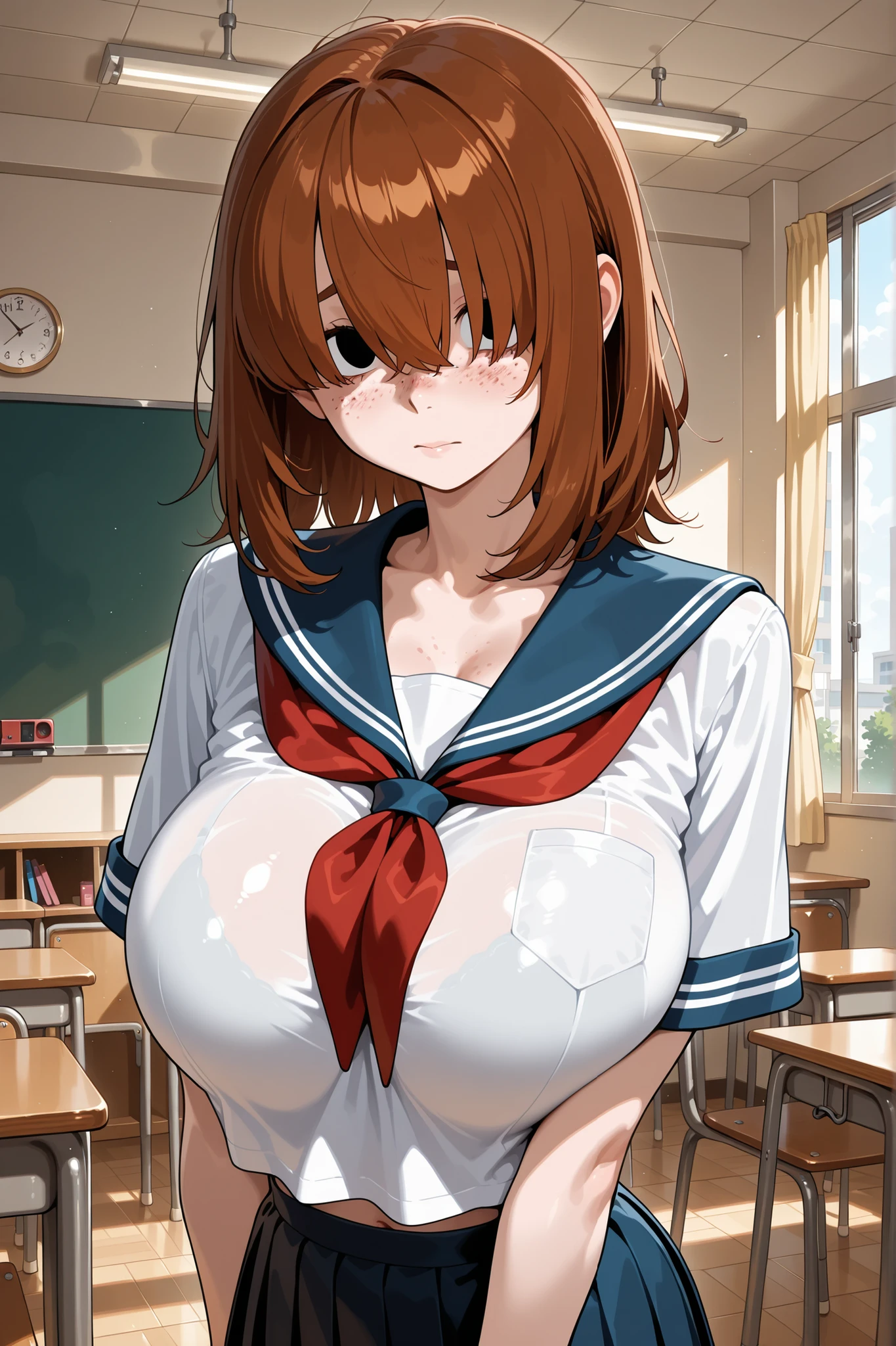 1girl, brown hair, medium hair, hair over one eyes, small eyes, skinny, huge breasts, sailor uniform, school room, shy, (freckles:1.2)