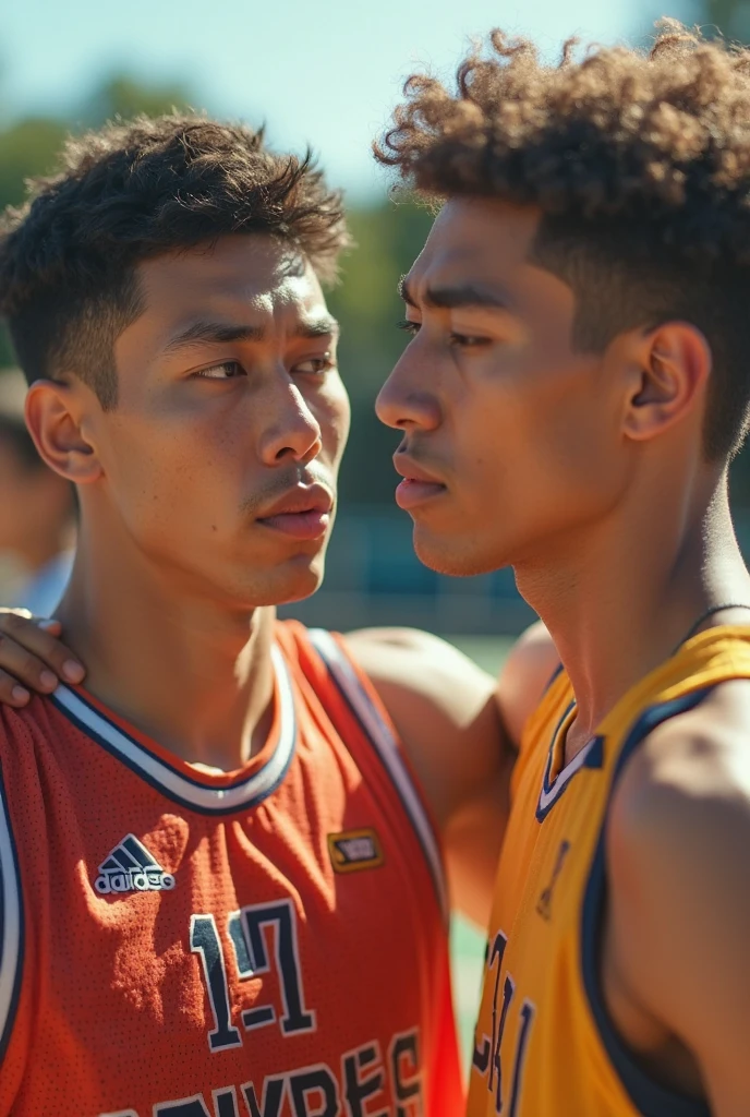 two men hugging each other、30 years old、male、Japanese、very handsome、Basketball Clothes、abs、Pectoral muscle、body hair、open legs、raise your arms、basketball court、smile、night、