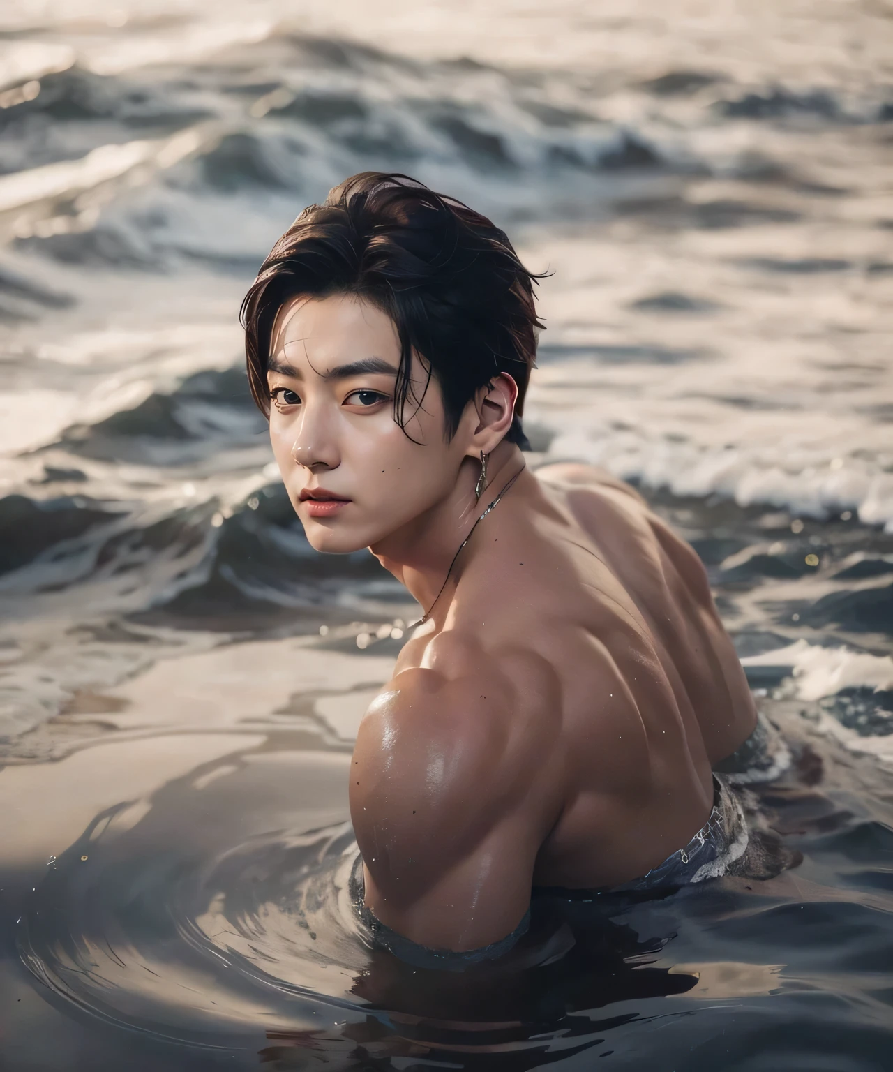 jungkook from bts swimming on a river