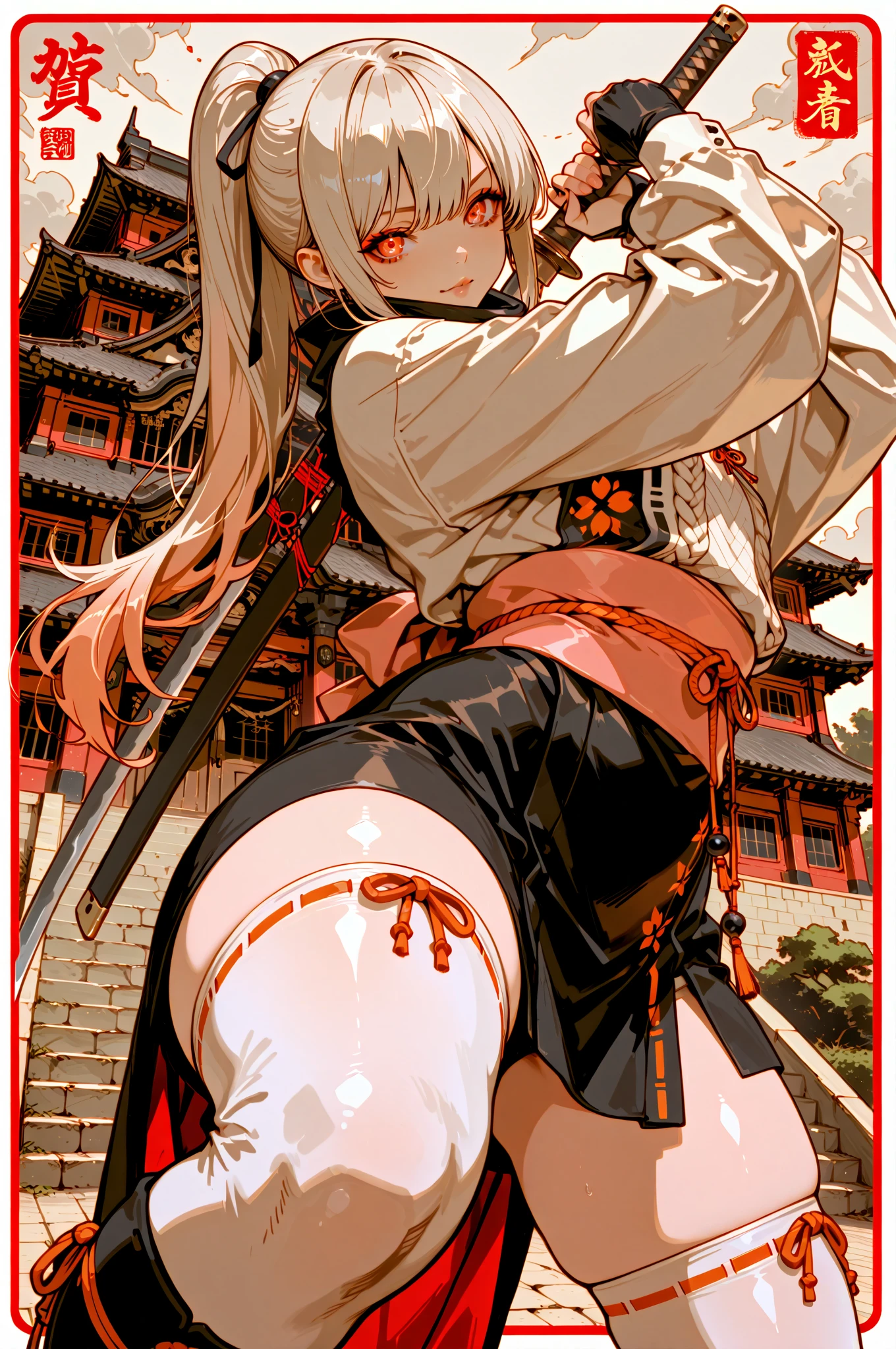 japanes、An 18-year-old woman、Gothic Lolita Fashion、a short skirt、stockings、see -through、valley、innocent smiles、Condescending face