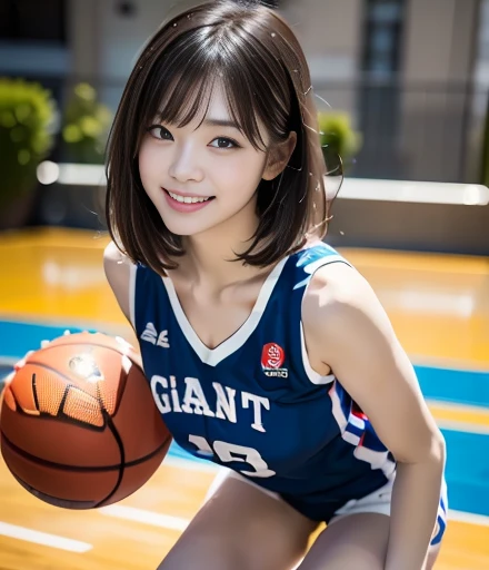 cowboy shot,looking down,dribbling a basketball,,smile,sportswear for basketball, adorable, japanese girl, Hair brown hair,Braid, hair scrunchie, (high color saturation:1.0), highest quality, ultra high resolution, photo-realistic, Super detailed, 8K, RAW photo NSFW