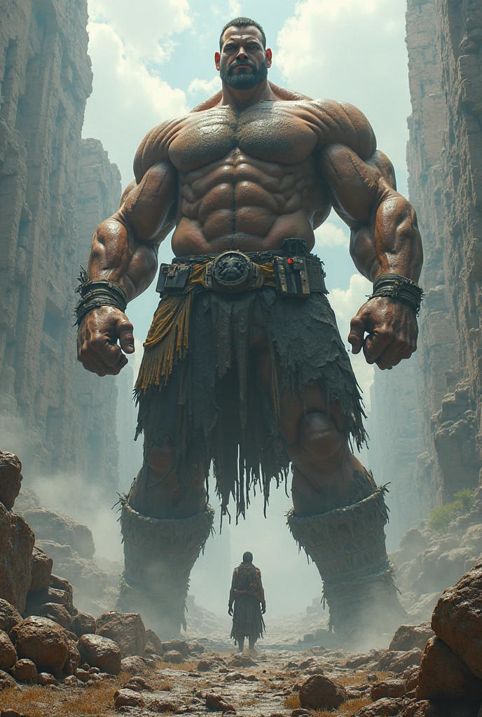 detailed muscular David with a sling, David fighting the giant Goliath, detailed facial features, detailed clothing, detailed background landscape, realistic shadows, dramatic lighting, cinematic composition, epic scale, highly detailed, masterpiece, photorealistic, 8k, HDR, hyper detailed, cinematic, dramatic, cinematic lighting, dramatic lighting, epic, heroic, powerful, intense, awe-inspiring, majestic, monumental, grandiose