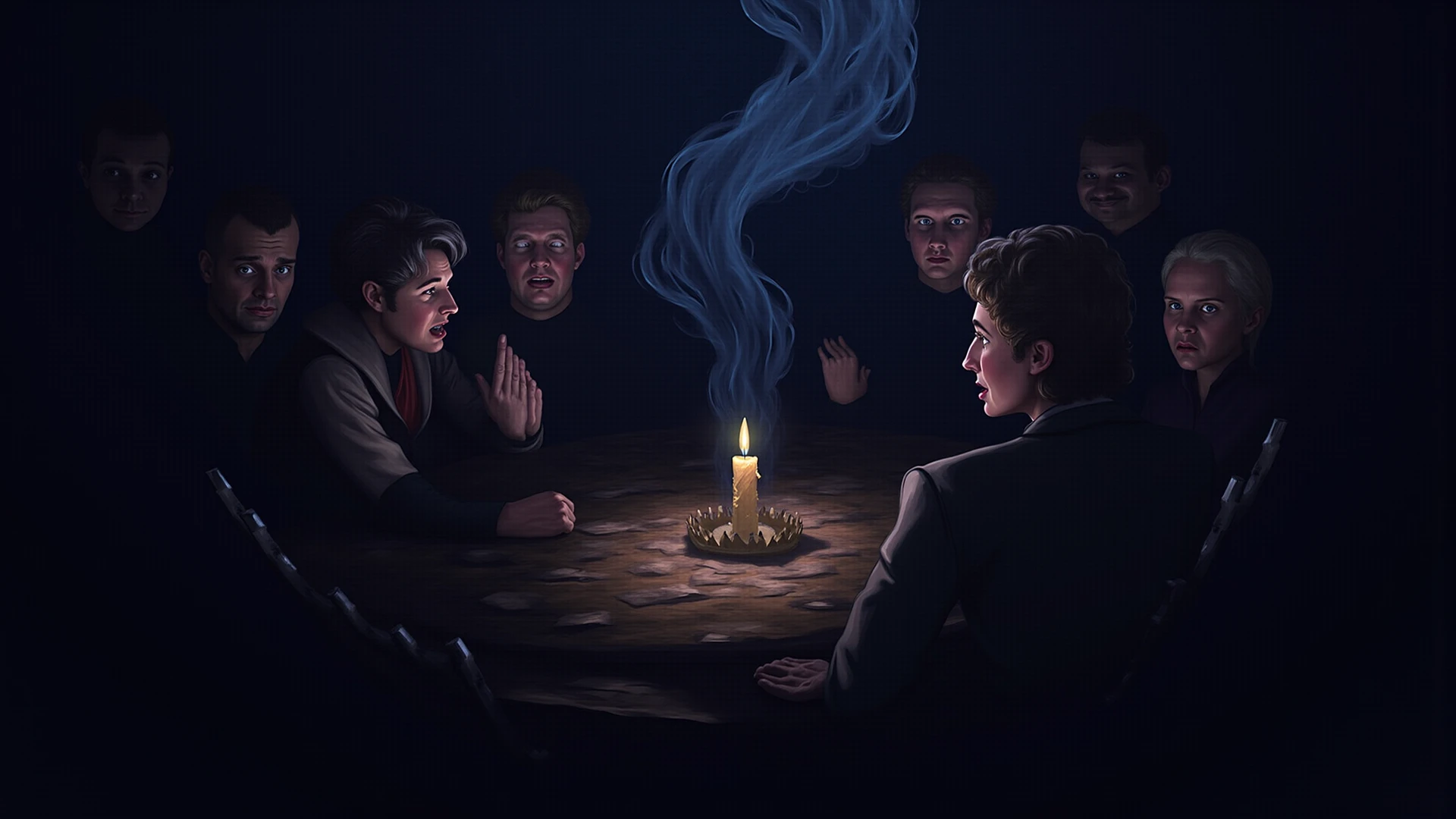 A prostitute woman on top of a table full of men sitting around her, she is naked.