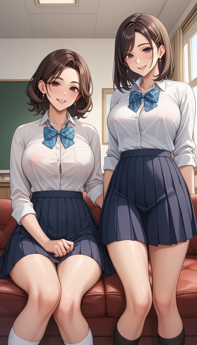 individual，short hair，Photorealism，detailed，masterpiece，Mature，Beautiful women，Large Breasts，Standing，Girls' uniform，Pleated Skirt，In classrooms
