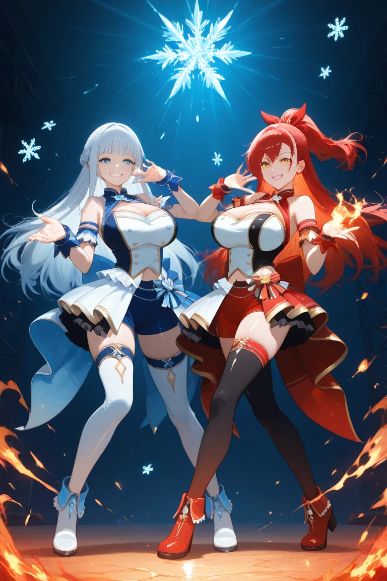 The final battle between the fire-element younger sister and the ice-element older sister