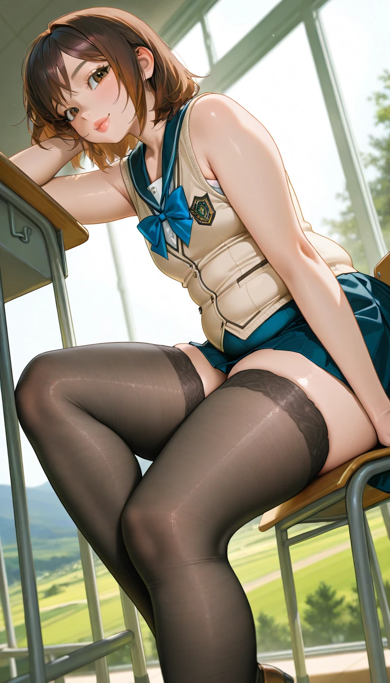 masterpiece, hi-school girl、(School Uniforms:1.5)、(:1.5)、Huge breasts are coming out、Huge lewd ass、Navy Socks、pantyshot,Wear upper shoes、Sit down and open your crotch、(Bright school classroom:1.5)the viewer, Realistis, full body Esbian, radical, Haute, (Spread the pubic area with your fingers:1.5)RAWExtremely detailed, Ahegao, rolling her eyes, red blush, water running in mouth, Sticky tongue, Very gigantic-breasts, sexual excitement, Sex Expressions, shinny skin。