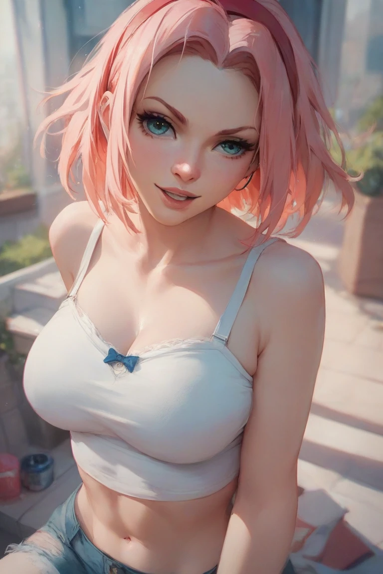 masterpiece), (portrait), medium breasts (aesthetics), ((1 19 year old girl dark skin, dark skin)), ((long hair)), ((short punk hair cute pink, pigtails)), smile romantic, wavy hair, thin and open eyes, blue eyes, cute, feminine, woman, feminine features, high quality, aesthetic clothes, professional angle, (rule of thirds), feminine features, solo, (attractive Korean woman), summer, (ink mist), (afternoon), (vibrant light), seductive posture, ((face looking forward))), with thin straps, long hip hop top, beautiful fluffy skirt-dress, wedding dress((Energy) ), (Bold makeup), (Average breasts), Tanned skin, (Clothes with Hop hip details), (Cropped top with puffy fabric on the bust), (Beautiful neckline), beautiful body, beautiful eyes, bright eyes, seductive smile, beautiful mouth, beautiful lips, (best quality, ultra detailed, photorealistic: 1.39), bright and vibrant colors, studio lighting, romantic expression, seductive, in the house area, balcony of the building decorated with arrangements of roses and lamps