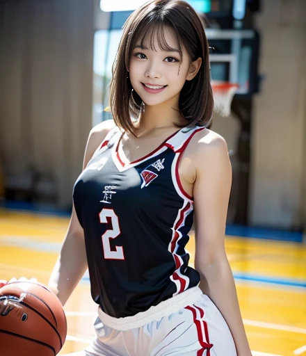 Volleyball Uniforms、woman、Big Breasts、Upper Body、gym、smile、short hair、Brown Hair、