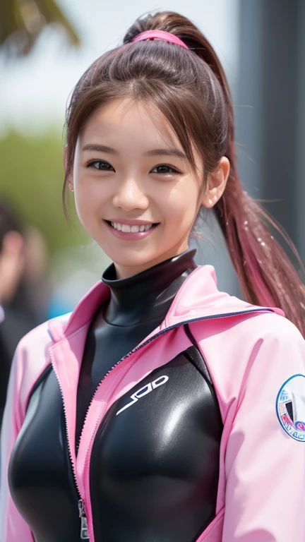 (8K、Raw photography、highest quality、masterpiece:1.2),(black haired、very short hair:1.8),(twin mitsu braid:1.4)、show viewer,Looking at the front,erotic,白いskin,(She is wearing the Pink Ranger's very short plug suit 。.:1.8)、()、(Clothing that emphasizes the shape of your chest、publish one'skin:1.8)、(big breasts :1.4)、slim body shape、ultra high resolution,beautiful,beautiful fece,(alone、no background:1.9),whole bodyボディー,japanese woman,(Photoreal:1.37)、photon mapping,reality、(Baby-faced and cute: 1.1)、(cute smile: 1.7)、(With a round face: 1.7)、radio city、Physically based rendering、depth of field rally background、photograph, (I can see your knees、spread your legs wide、close up of thighs:1.6),whole body、super fine