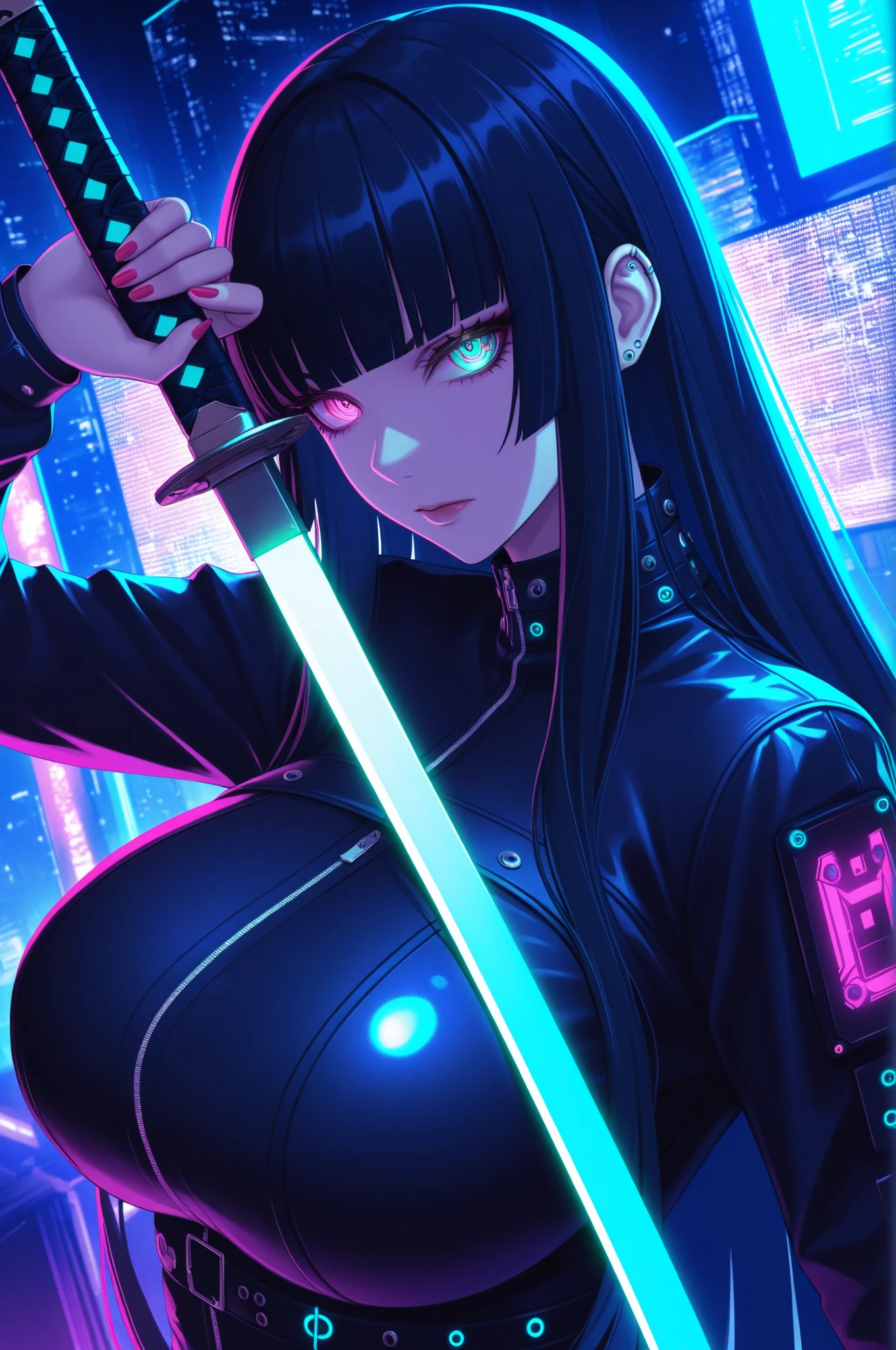 masterpiece, best quality, good quality, absurdres, highres, cyber punk,
BREAK
1girl, Face Focus, Side Angle, upper body, black hime cut, (magenta eyes), holding Katana pose,dynamic angle, huge breasts
BREAK
Backlight, one side light, cybernetic digital background with green neon light