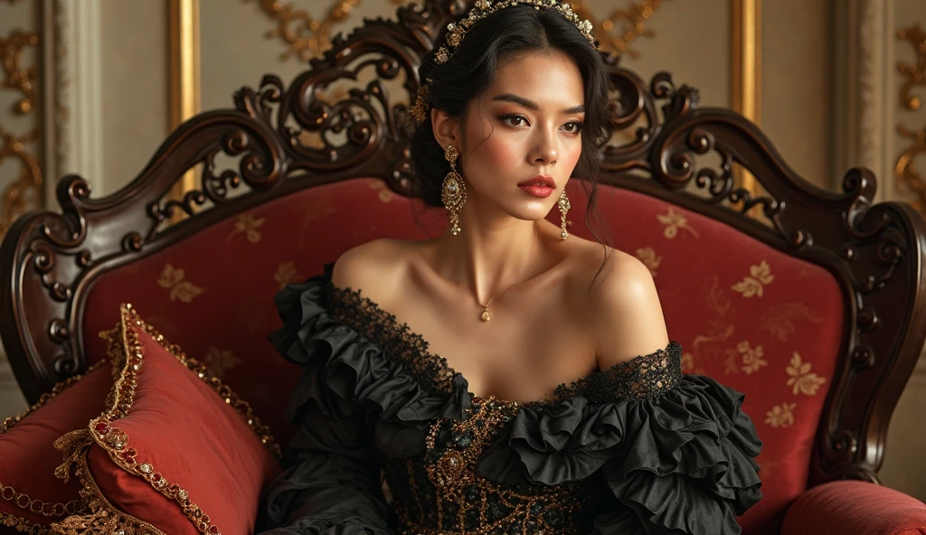 A half-asian, asian-european, woman with black wavy hair in the style of a greek goddess, with bronze skin posing as a seductive temptress with porcelain skin and blood-red lips, framed by the opulent trappings of a Victorian parlor. Inspired by Pre-Raphaelite art, her form is ethereal and romantic, with flowing locks and delicate features that evoke the beauty of a bygone era. smiling, large breast, sitting in a Victorian Parlor, her elegant gown ripped open revealing her breasts and navel