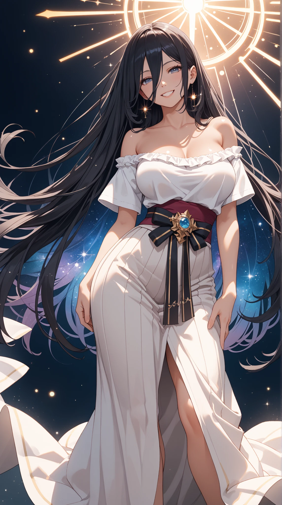Young and beautiful woman,(Highest quality,Extremely detailed depiction,Incredible high resolution,Anatomically accurate depiction,Two beautiful hands, Five perfect fingers,Curvy Legs),(Glowing Skin),(astrologer),Celestial globe,Veil,Purple eyes,There is cleavage in the chest,Captivating smile,Large Breasts,Glossy Lips,Shadowed face,With arms outstretched,Sweat,whole body,background:A room depicting space,Mysterious atmosphere