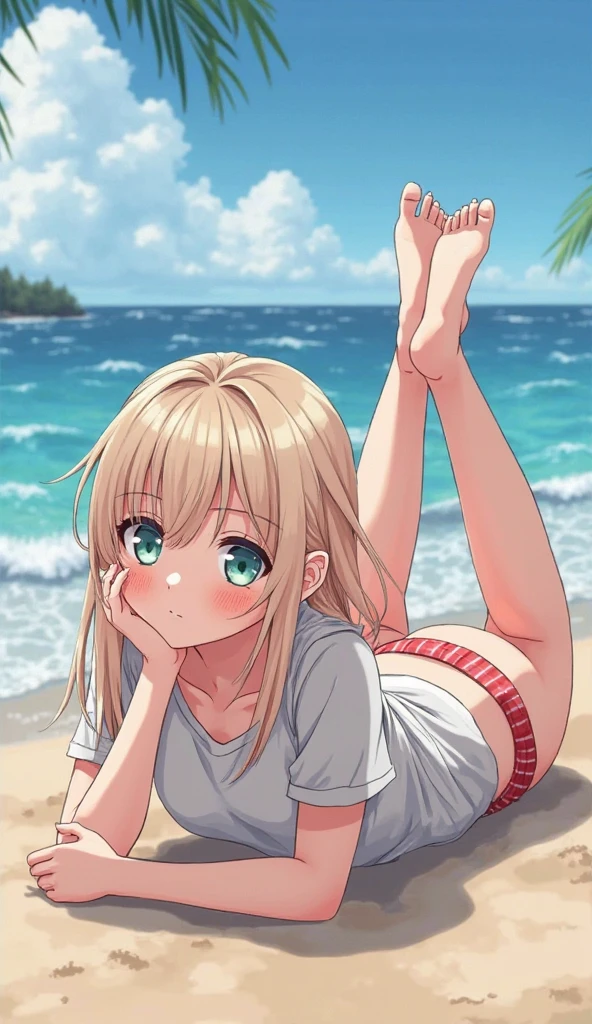 a GIRL in a white tank top on a beach chair with sunglasses on, 1girl, swimsuit, bikini, tan, tanlines, solo, blush, micro bikini, , navel, lying, on back, one-piece tan, arm up, blonde hair, armpits, spread legs, sweat, red eyes, looking at viewer, closed mouth,Ichigo Hoshimiya (Aikatsu!),sitting, squating, looking down, look at the viewer, from below