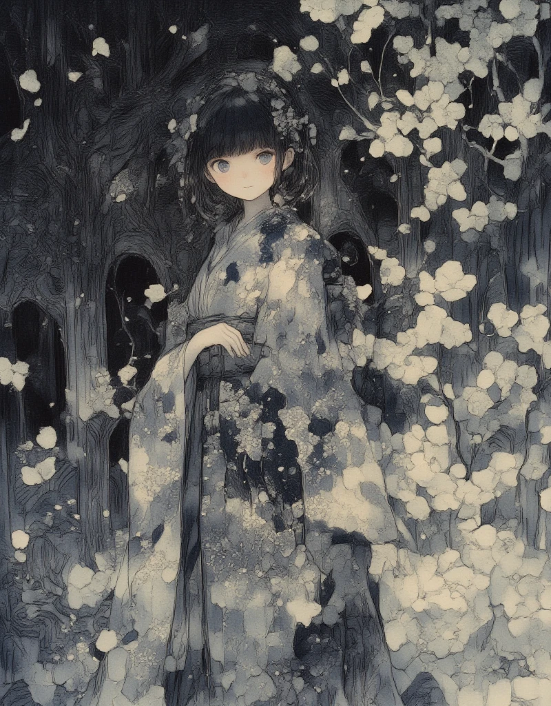 Kizi, solo, Night, night vision footage, gray scale, monochrome, letterboxed, Closed eyes, Looking at the camera, Smiling, Short hair, hippie, T- shirt, Upper body, From the side Side, bblurry, vegetation, Depth of field