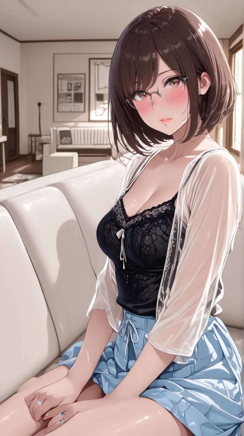 (Masterpiece), (8k size wallpaper), (top quality), Caustics, Detiled, 😜American Adulterous Wife Specializing in Gravure Top Model Private, knit clothing, loose knit sweater, bewitching, gravure pose, glasses, 20's baby face, bra glimpse, bra visible through the collar of the sweater, bending forward.20's baby face, bra glimpse, bra visible through the collar of the sweater, bending forward.