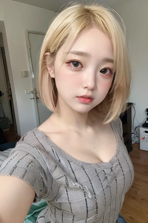 one person、Blonde、whole body photos、Red polo shirt、Cleavage、Navy blue mini skirt、fun、Blonde、15 years old、whole body、slender、woman、White drool coming out of the mouth、Short hair, fair skin,Twin tails、Super cute、Soft and Face、Brown Hair、8k resolution、Surreal、Ultra high definition、 Soft Body、A-cup small breasts（（Highest resolution、8k、masterpiece：1.3））、Ultra-fine face、Ultra Fine Lips、Beautiful Eyes、double eyelid,Slender figure、I can see your thighs、Shapely small breasts、Light blue wall