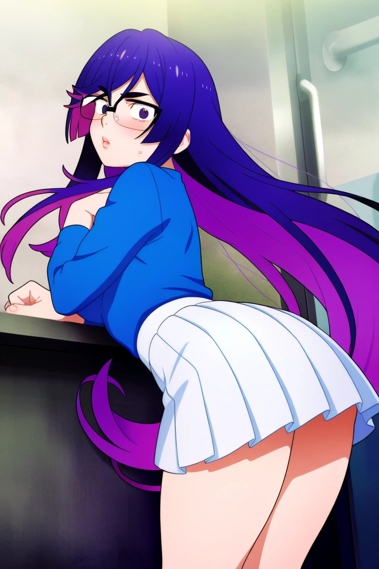 masterpiece, best quality, 1girl, purple hair, long hair, hime cut, blunt bangs, rabbit ears, animal ear fluff, purple eyes, pink shirt, black skirt, miniskirt, midriff, navel, single thighhigh, asymmetrical legwear, belt, brown belt, blush, angry, looking at viewer, gloves, black gloves, facing away from camera