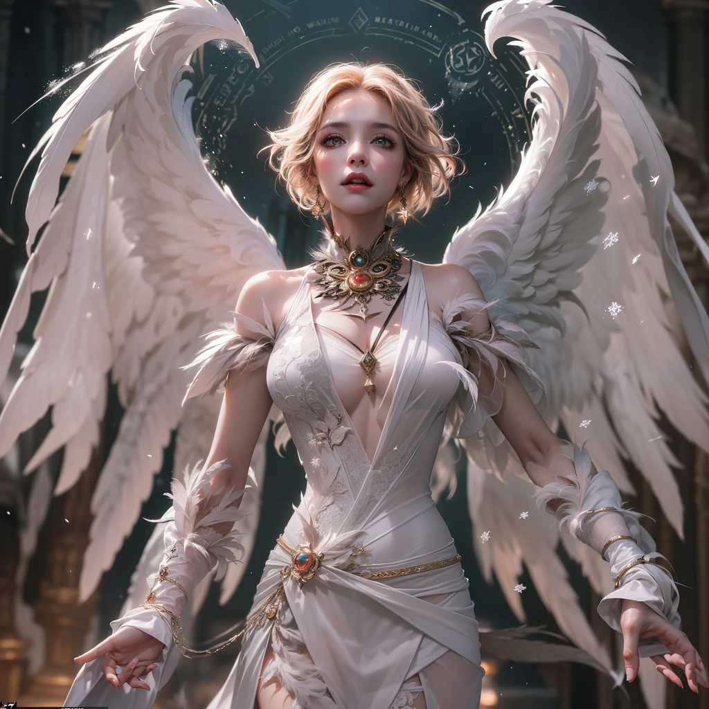 (award-winning masterpieces galore, incredibly detailed, textured and maximally detailed), (hyper realistic:1.4), (realistic:1.3), (top quality realistic textured skin), (dense perfect circle symmetrically beautifully rendered eyes), (angelic light Circle of Divine Radiance Overhead: 1.8), ((Medieval World)), (Black Angel of the Lord or White Angel of the Lord: 1.6), (Full Length Standing Image: 1.8), (Beautiful Kind Eyes), (Loving Beautiful Colored Eyes), (Magnificent Cloud Masses and Sky), (Halo Optical Phenomenon: 1.3), (Dramatic light), (majestic scene), (so beautiful in its expression of serenity and tenderness), ((big old wings with pure white feathers behind shoulders)), flower earrings on ears, (((dramatic photo))), (twilight), (sunset), (dusk), (sacred pose)), (pink hair), (chestnut hair ), flower garden, (elaborately crafted necklace around her neck), old ruins infested with plants, great temple, cathedral, ruins of temple, temple away from temple, (glowing magic circle), ruins of ancient castle, deserted ruins, crumbling ruins, ancient ruins with clear water, holy light, epic realistic, ((neutral color )), (HDR:1.5), (subdued colors:1.2), highly detailed, cinematic, warm light, dramatic light, (complex details:1.1), complex background, petals, pastel colors、Window