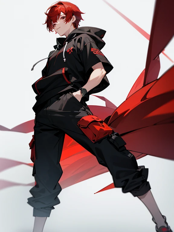 Teenage male demon, red hair, clawed hands, black leather, determined look, standing on path, with a chained belt