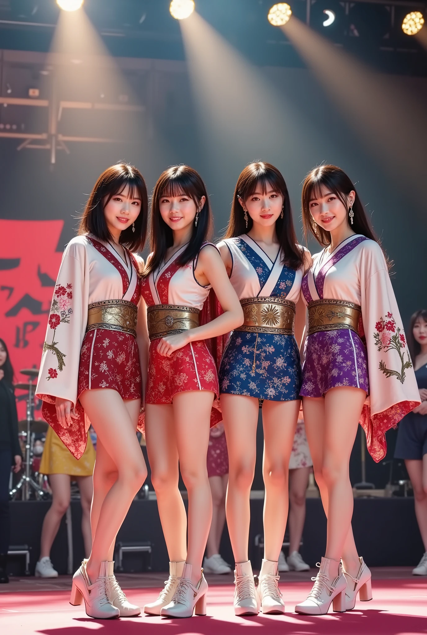 (4 person female idol unit singing live),((着物と帯のを現代風にアレンジした個性的なCostume1.5)),Bare legs, ((4 people face、hairstyle、Costume、Draw everything by color 2.0)),Big smiles at fans.Sing a song at a live venue