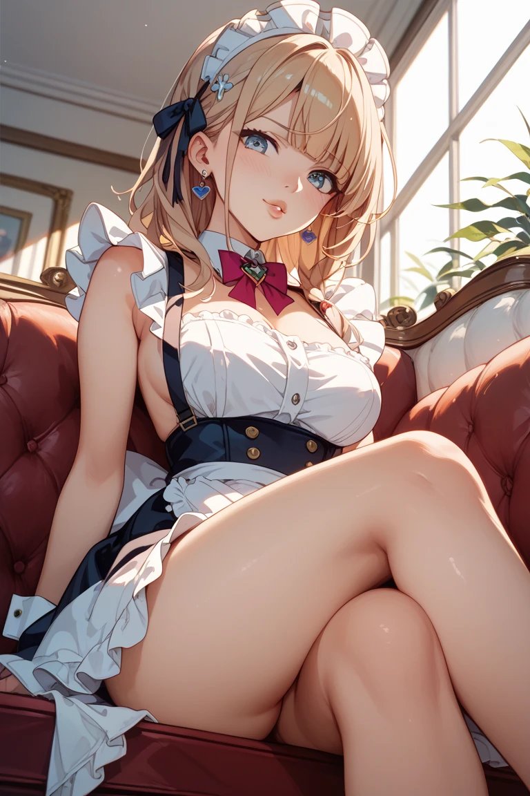 ((highest quality、High resolution))、beautiful girl、perfect body、beautiful ample breasts、Long blonde、maid、Looks embarrassed、open your legs、((POV、having sex))