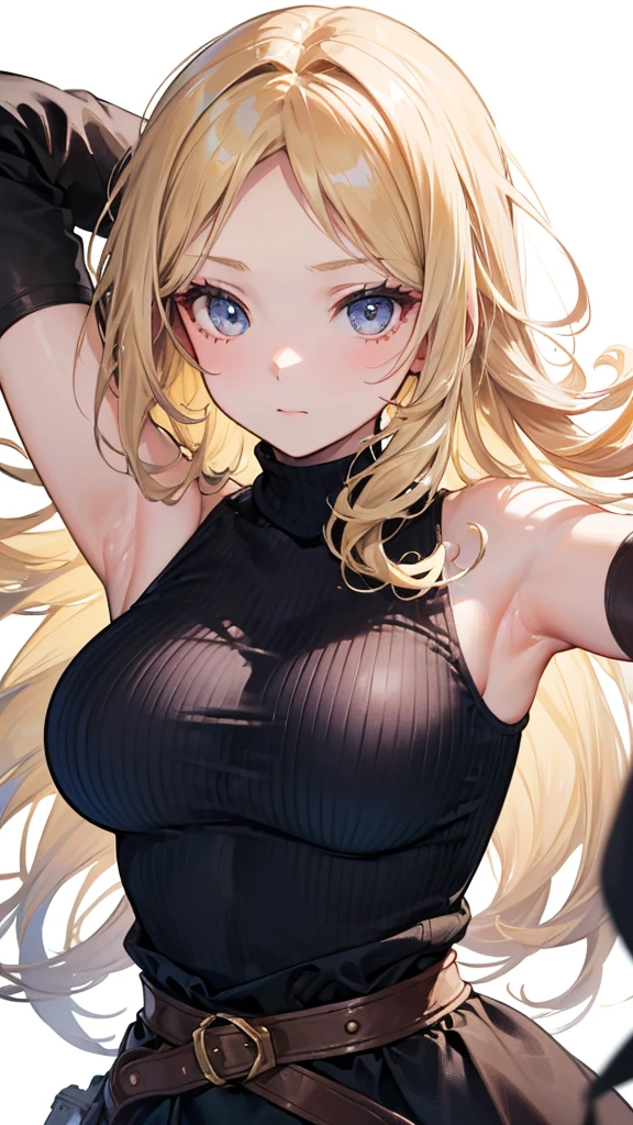 ((forehead、Standing、Chubby、A calm face、Blonde、High Neck Sleeveless Knit Dress、White Blonde Hair、Northern Europe、White、beautiful girl:1.5、Blonde、White background、cute、Young、True Face、Shiny Hair、whole body))、overweight:1.5、masterpiece, best quality, ultra detailed, hyper detailed, beautiful, woman, medium shot, from front, leaping figure composition, midday, in focus with blurred background、 highest quality, figure, super detailed, finely, High resolution, 8k wallpaper, Perfect dynamic composition, detailed and beautiful eyes, Deco out,bionde, big breasts, Natural color lip,white background, random cute poses