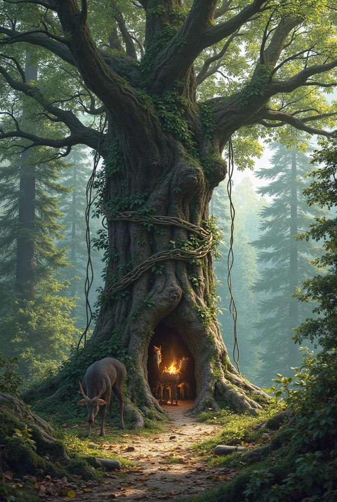 Within a cavernous room, a ghostly white tree stretches towards a smoldering fireplace, its roots twisting like organic sculptures through a hauntingly beautiful dreamscape. (ethereal, dreamlike)
