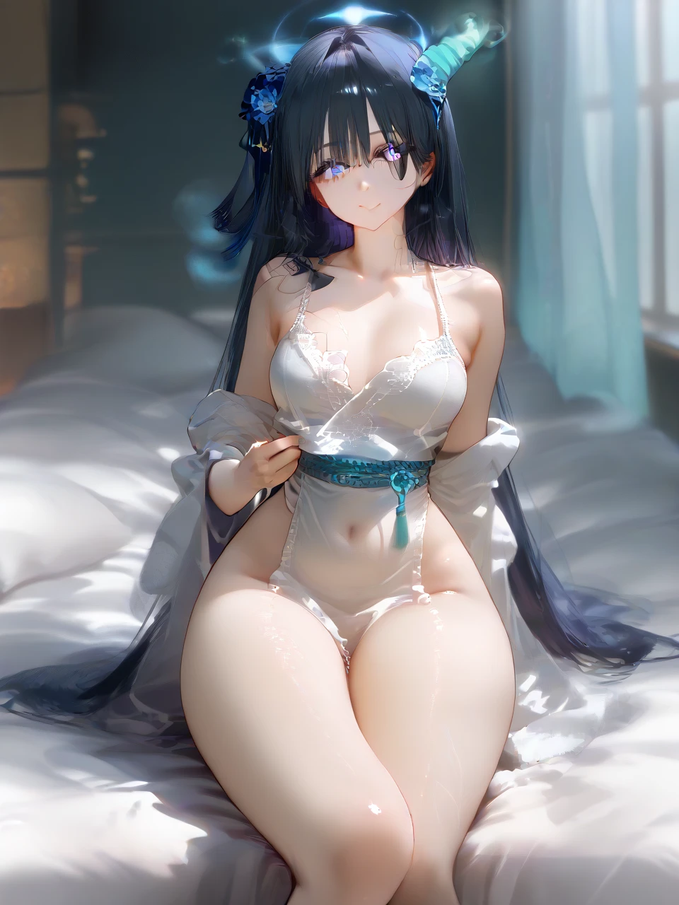 top quality,8K,one girl,ganyu,despise,blush,open mouth,shoulder,buttocks,(buttocks focus:1.2),turn around and look back,lying down on bed,back to the viewer,Full body like,thin face,Clear face,Exquisite facial features,sexy,white lace bra,(white lace Panties:1.1),back-view,(many cum on ass:0.9)