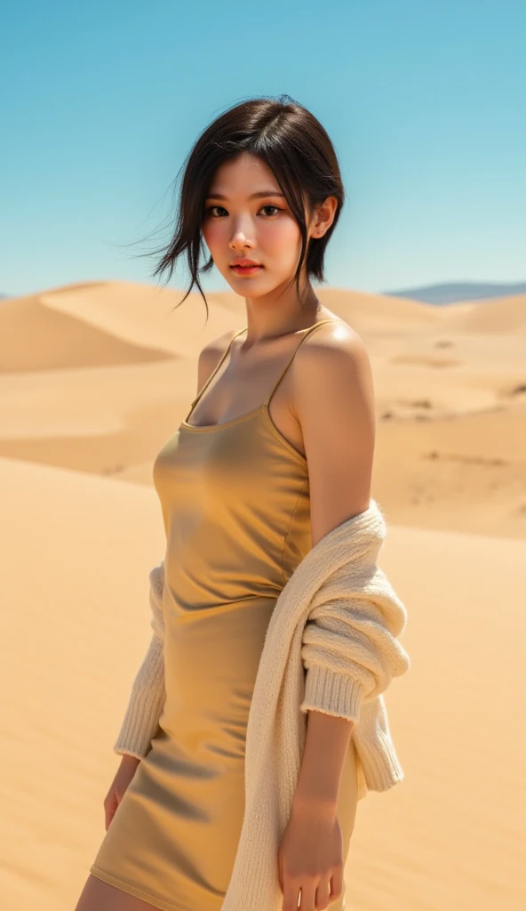 Dark Brown hair、Light Brown eyes、Japanese actress、I am about 40 years old....、(Intricate details:1.2)、(Which is the top????:1.4)、 (Ultra-high resolution:1.2)、Ultra-high resolution、(Finely tuned)、(Detailed facial features)、Hmph、8K resolution、D cup size breasts、Long Hair、sunlight、Sleeveless dress、Asymmetric design、mud wall、rock、Full body photo、desert、Brown、orange、Sexy pose、Sexy Looks、Sexy look、Vast natural scenery in the background、desertのオアシス、desertの真ん中にある湖、Sit down、