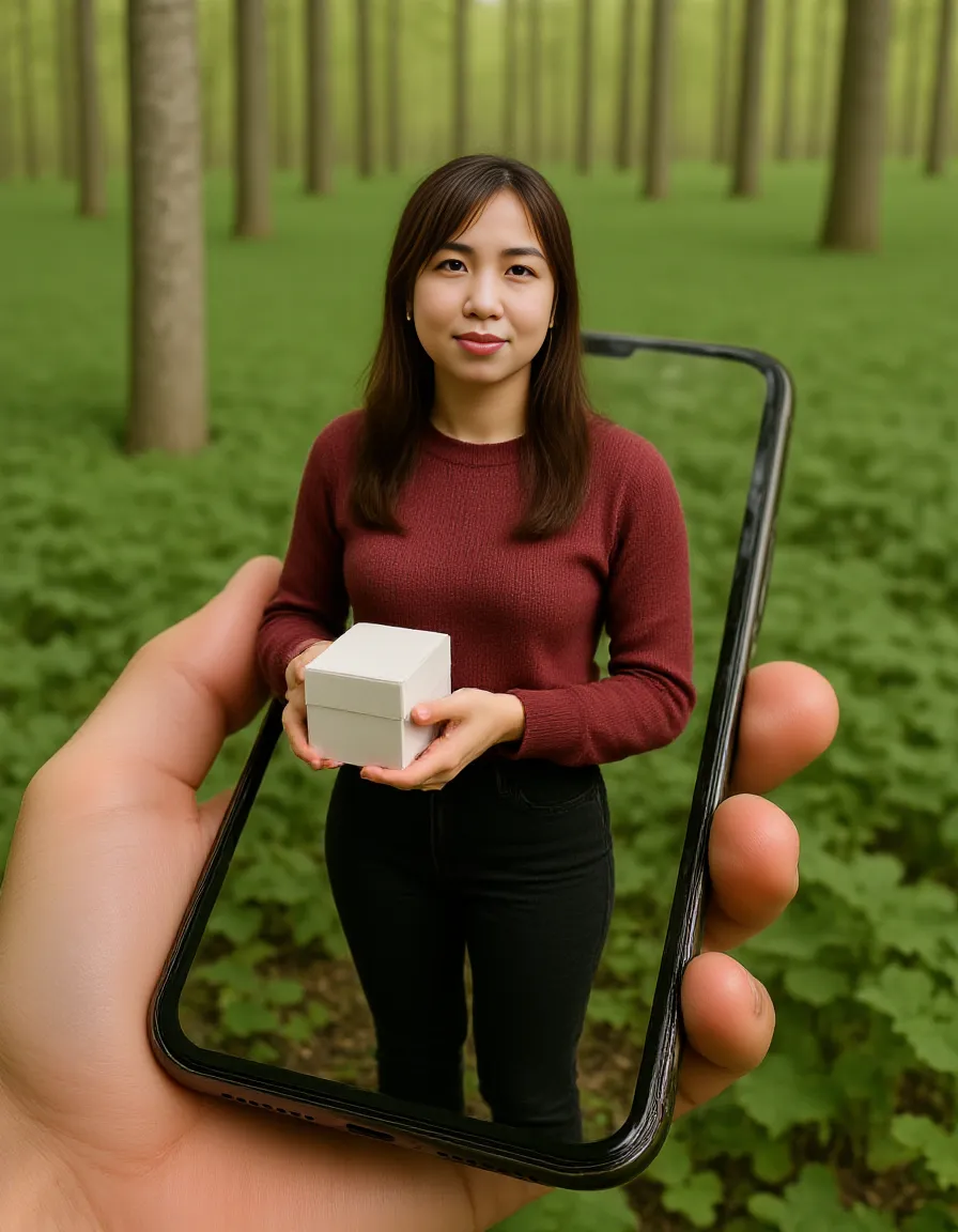 main item is a high ,black ,huge surface ,table displaying a very small green cude(size like a fist) with no shadow ,
and a 16years old ,ponytail,CUTE, BEAUTIFUL ,asian, with Bangs,white T shirt,black shorts, super huge breasts(34 E CUP) ,very white skin tone teenager standing next to it
and the whole body facing the camera
the back ground is a black wall
taking a realistic far view photo