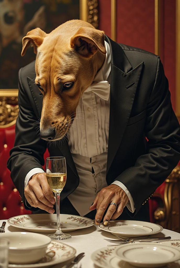 A man has a dog living in luxury, eating kebabs and kofta. Create an image that represents this scene, with colors that look old, as if from the early days of color television.
