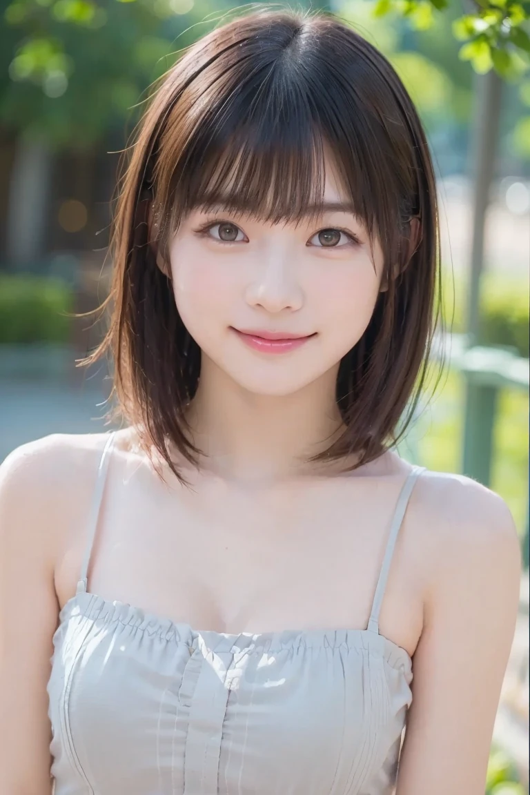 (masterpiece:1.2, Highest quality), Very detailed, (Realistic, photoRealistic:1.4), Beautiful illustrations, (Natural Side Lighting, Cinema Lighting), Very sensual、Written boundary depth, Beautiful Bangs, Beautiful Face, A refreshing and bright smile、Beautiful attention to detail, Beautiful clavicle, Beautiful body, Beautiful breasts, Beautiful thighs, Beautiful feet, Beautiful fingers, Perfect Style, ((Sweating:1.1))、View your viewers, A very beautiful 15 year old girl, Perfect Face, Cute and symmetrical face, (Short black hair), Purple eyes, (Large Breasts), Glowing Skin, Accentuate your cleavage, ((White knitted summer sweater、Right shoulder exposed)), In the park in sunny weather, ((blush、An innocent smile))、