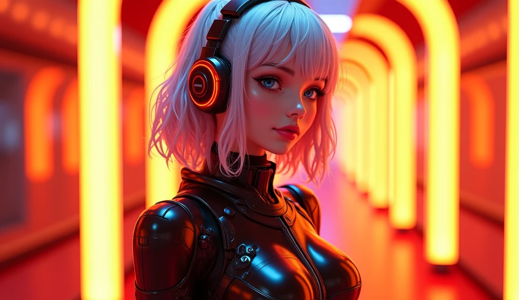 android blue eyes more realistic and more beautiful wearing modern clothes super armed background of a futuristic city
