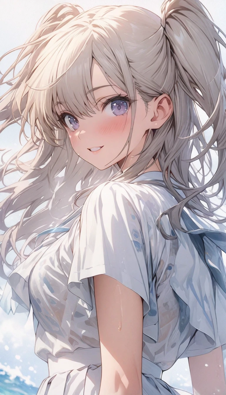 beautiful, masterpiece, Highest quality, anime, One girl,Portrait Shot, View your viewers, Covered、Long Hair、nearby、Blue Eyes、art、White hair,black streaked hair、Thighs、Braid、Wet_white_T-Shirts、 Light purple bikini、Pool、Bright、smile、Lying on your back