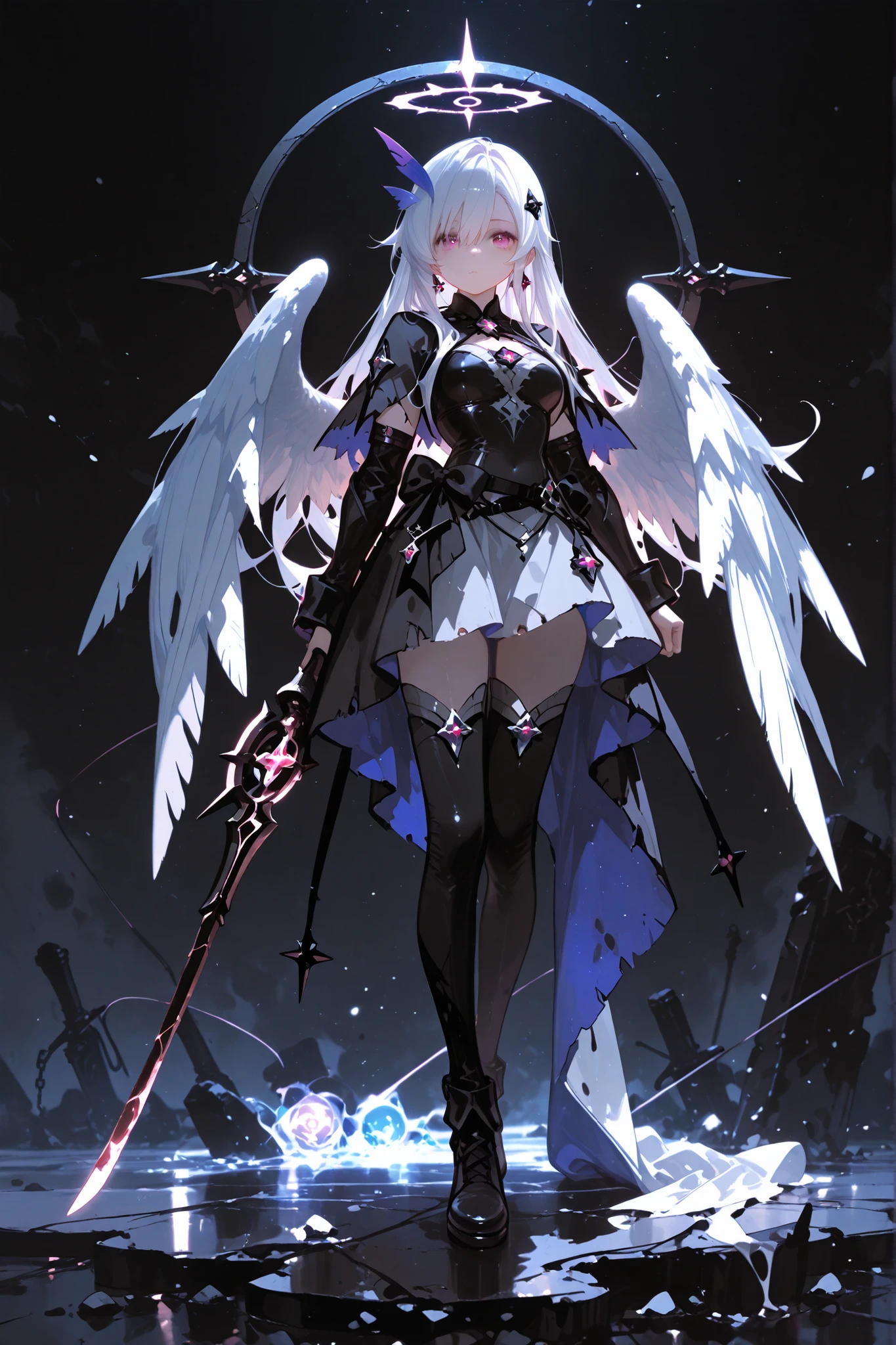 fantasy, 1devil_girl, low_teen, platina_blond_hair,long_bangs,, bare_shoulder, navel out, thighhighs,silver_armor, white_clothes,waist_armor, Glebe, hold_swords, medium_breasts, dynamic_flying_pose,Floating, (1pair_Black_wings:1.2),(pelvic_curtain:1.3), silver_Headgear ,looking_down_at_sunrise_city_sky_background,,slightly_spread_legs, some_swords,some_swords_floating_around_the_girl,solo,horn ,smile,,open_legs,open_arms,rise_knee,rise_leg,rise_thigh,rise_leg,forward_leaning_posture,apart_legs,