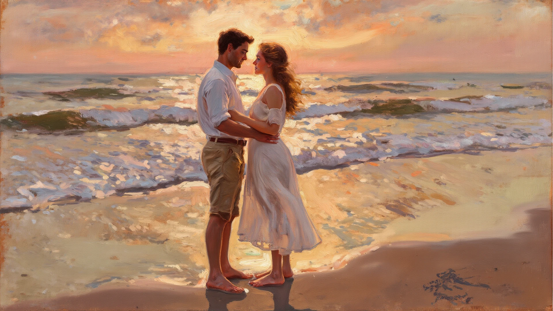 A tall guy, a blue-eyed brunette, and a fair-haired, brown-eyed girl are sitting on the seashore, the guy is stroking the girl’s back