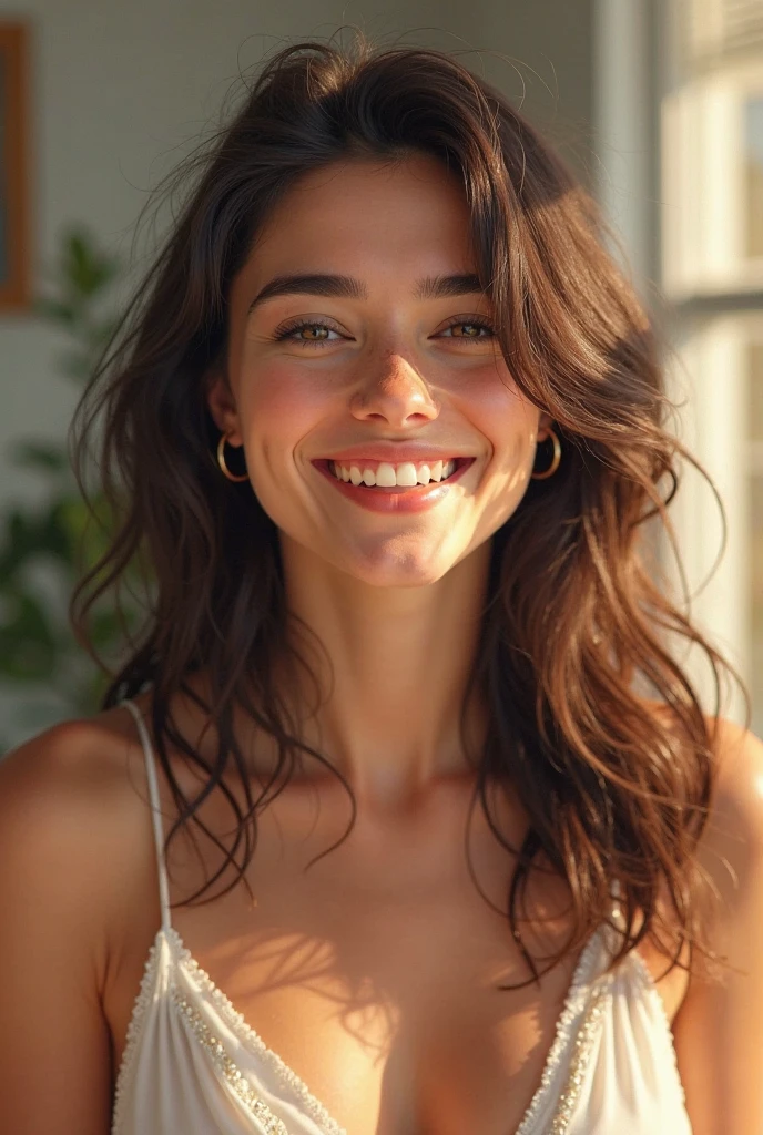 photorealistic rendering, detailed, realistic, high definition, (medium shot:1.4), realistic photo of <lora:sd15_CharlotteDalessio_locon_24_v1:.9> CharlotteDalessio, huge smile, hair styled as messy hair